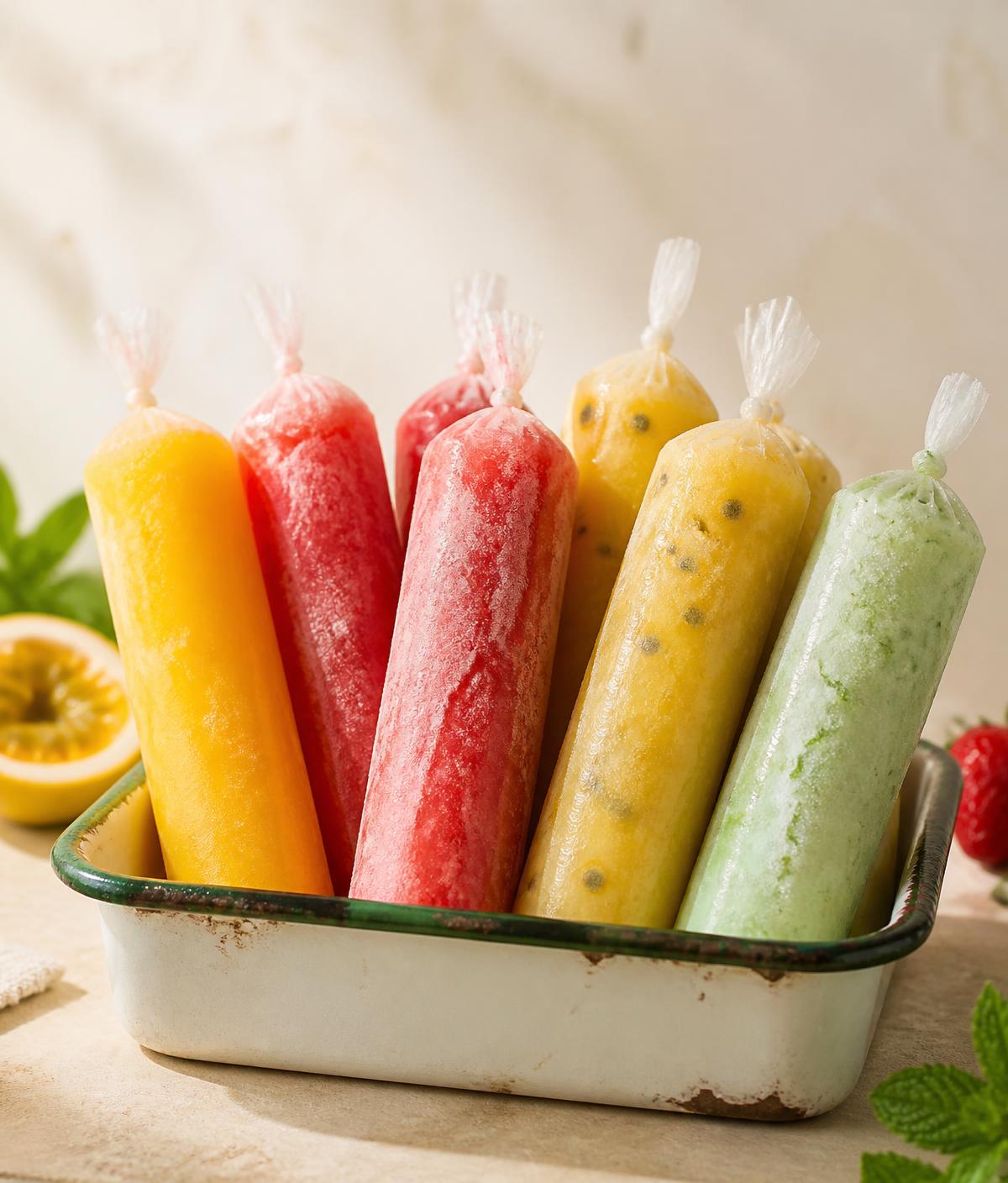Geladinhos de manga, morango, maracujá e menta em uma bandeja esmaltada